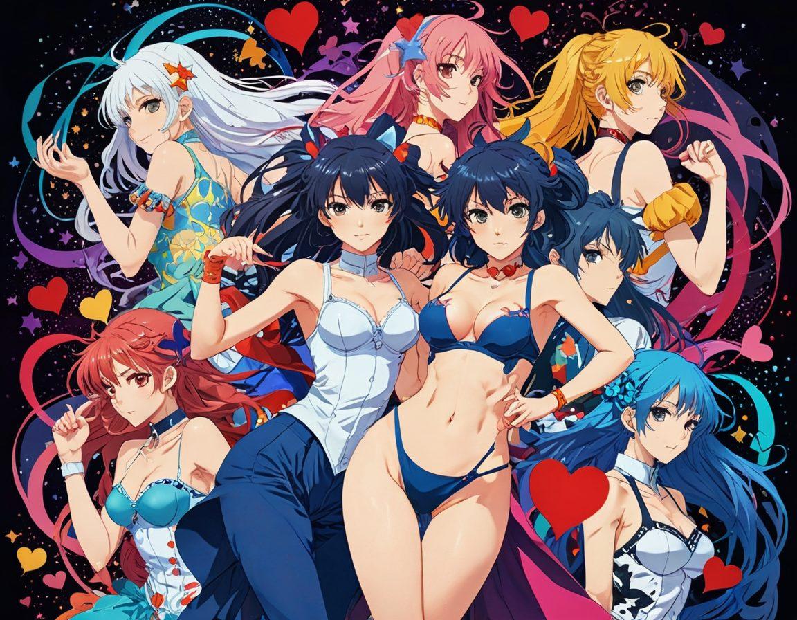 A vibrant collage showcasing the diversity of erotic anime, featuring iconic characters in dynamic poses surrounded by colorful, swirling backgrounds that represent passion and allure. Include elements such as hearts, stars, and whimsical patterns that capture the essence of fandom. Emphasize a bold contrast between the characters and their dreamy environment. anime style. vibrant colors. dynamic composition.